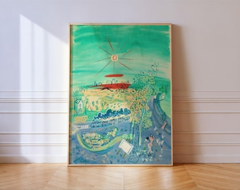 French Countryside Modernist Landscape Painting: Vibrant Green Summer Wall Art Print