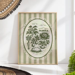 Vintage Vegetable Garden Print – Striped Kitchen Poster, Green Botanical Wall Art
