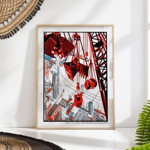 May include: Framed art print depicting a construction site with red cranes and buildings. The artwork, in a geometric style, includes the text "Yakov Chernikhov - 100 Arkhitekturnye fantazi 1933" at the bottom. The print is in a wooden frame.