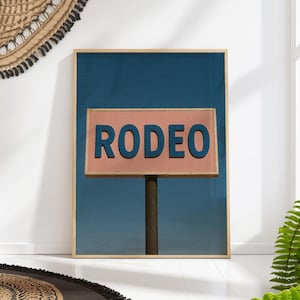 Retro Rodeo Sign Poster, Pink and Blue Western Wall Art, Vintage Cowboy Aesthetic Decor