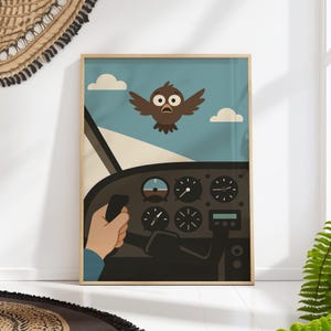 Funny Airplane Cockpit Poster | Cartoon Pilot View With Bird | Travel Lover Wall Art