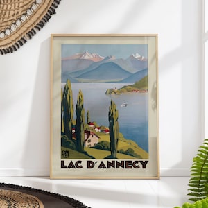 Lake Annecy Travel Poster, French Alps Lake Art Print, Vintage France Wall Art