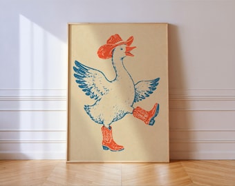 Dancing Goose in Cowboy Boots Print, Red and Blue Riso Illustration