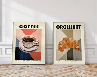 Bauhaus Coffee and Croissant Poster Set: Retro Kitchen Exhibition Wall Art
