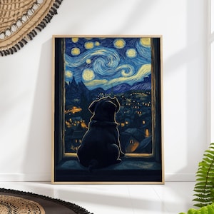 Pug Starry Night Poster, Van Gogh Celestial Dog Art, Dreamy Window Print, Starry Sky Pet Wall Decor