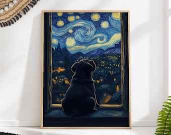 Pug Starry Night Art Print: Van Gogh Celestial Dog Decor