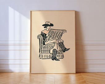 Cowgirl Newspaper Bathroom Print, Western Line Art Wall Art