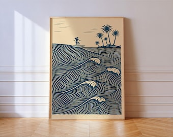Tropical Surfer Waves Poster | Navy Linocut Ocean Print | Coastal Beach House Wall Art