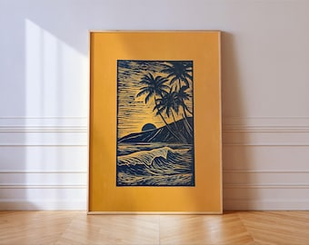 Tropical Sunset Linocut Print: Ocean Wave Palm Tree Woodcut Wall Art