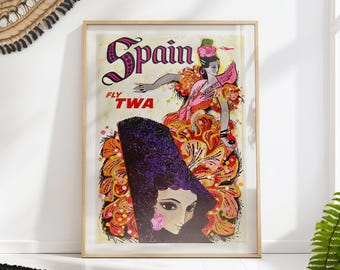 Spain Flamenco Travel Poster Print Vintage Mid-Century Airline TWA Art Colorful Retro Decor