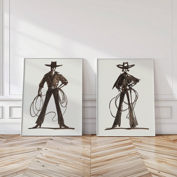 Western Cowboy Cowgirl Set of 2 Prints — Southwestern Rodeo Fashion Ranch House Decor