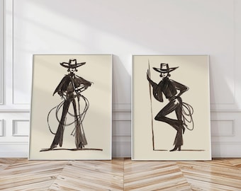 Fashion Cowgirl with Lassos Set of 2 — Brown Minimal Western Line Art Duo