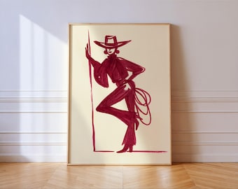 Burgundy Cowgirl Line Art Print – Minimal Western Wall Decor