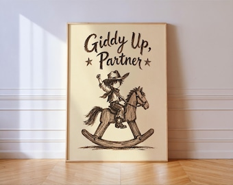 Little Cowboy on Rocking Horse Print, Sepia Ink Illustration