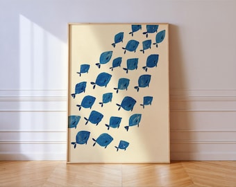 Blue Fish School Folk Art Print: Painted Swimming Fish Nautical Wall Art
