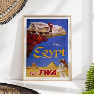 Egypt Camel Travel Poster Print - Vintage Mid Century Travel Art, TWA Airline Decor