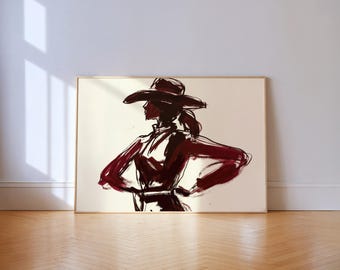 Abstract Cowgirl Silhouette Art Print | Burgundy Western Woman Poster | Modern Ranch Wall Decor
