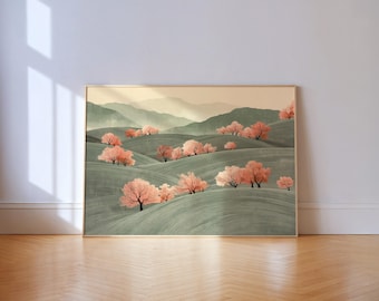 Cherry Blossom Hills Japanese Landscape: Green Rolling Mountains Wall Art Print