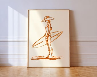 Cowgirl Surfer Wall Art Orange Ink Sketch Beach Western Print
