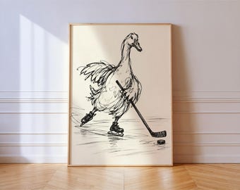 Goose Playing Ice Hockey Print, Black and White Sketch