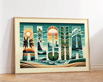 Aloha Print Surf Wall Art Typography Poster Coastal Decor PRINTED & FRAMED