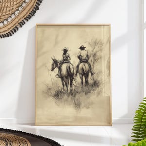 Cowboy Cowgirl Wall Art Print Western Horseback Sketch Rustic Ranch Farmhouse Decor