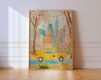 New Yorker Frühlings-Taxi-Poster, New Yorker Stadtbild-Wandbild, Kirschblüten-Retro-Druck