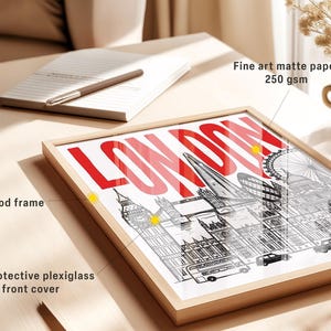 Peut inclure: Une impression d'art encadr&eacute;e repr&eacute;sentant des monuments de Londres en noir et blanc, avec le mot "LONDON" en rouge. Elle est dot&eacute;e d'un cadre en bois massif et d'une protection frontale en plexiglas anti-UV. Le papier mat de qualit&eacute; est de 250 g/m&sup2;.