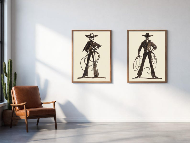 Pu&ograve; includere: Due stampe artistiche incorniciate con illustrazioni a inchiostro nero di una figura di cowboy con un lazo. Il cowboy indossa cappello, giacca e pantaloni. Le stampe sono in cornici di legno e sono appese a una parete bianca.