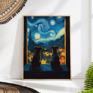 Starry Night Dog Print, Romantic Bedroom Van Gogh Wall Art, Celestial Window Poster