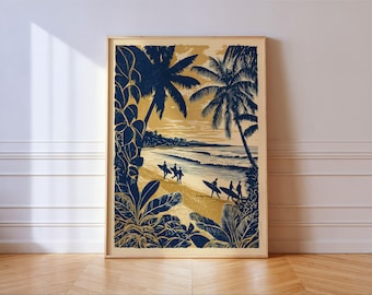 Vintage Surf Beach Print: Tropical Palm Tree Surfer Linocut Wall Art