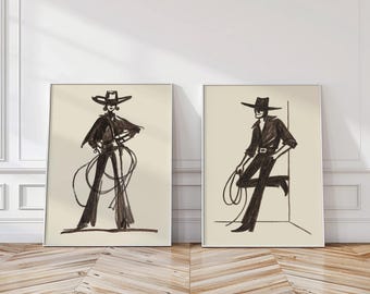 Cowgirl and Cowboy Sketch Set of 2: Western Lasso Ranch Wall Art Print