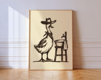 Cowboy Hat Duck by Washbasin Print, Western Animal Illustration