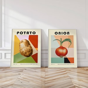 Bauhaus Vegetable Set of 2 Prints Mid-Century Kitchen Art Potato Poster