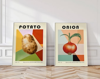 Bauhaus Vegetable Set of 2 Prints Mid-Century Kitchen Art Potato Poster