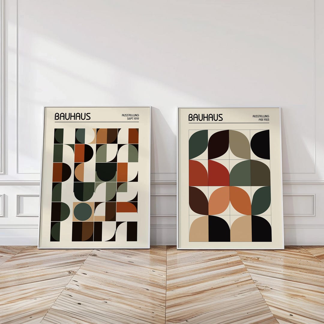 Bauhaus Geometric Art Print Set – Earth-tone Mid-century Modern Wall ...