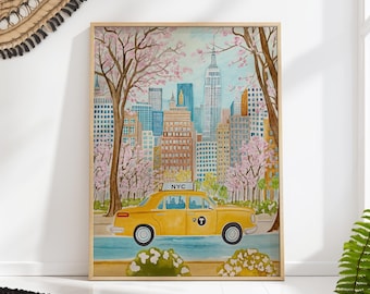 NYC Springtime Taxi Poster, New York Cityscape Wall Art, Cherry Blossom Retro Print