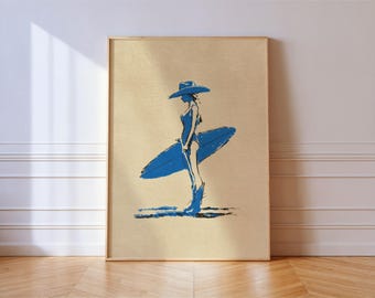 Surf Cowgirl Art Print – Western Beach Wall Decor In Blue