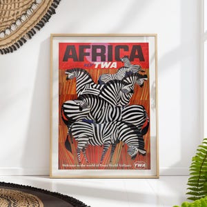 Vintage Africa Travel Poster Print Airline Zebra Poster, Retro Wall Art, Gift for Travelers