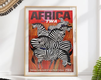 Vintage Africa Travel Poster Print Airline Zebra Poster, Retro Wall Art, Gift for Travelers