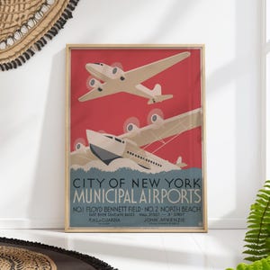 NYC Vintage Aviation Poster - New York Travel Print - Art Deco Airplane Wall Art