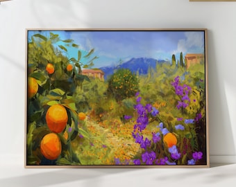 Mediterranean Orange Grove Landscape Print – Colorful Tuscan Countryside Wall Art, Citrus Garden Painting