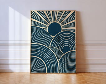 Navy Sun and Arches Abstract Print, Cream Line Art