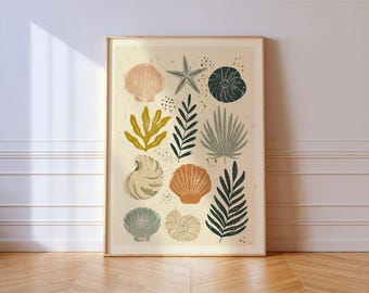 Seashell Block Print Wall Art: Coastal Shell Botanical Linocut Poster