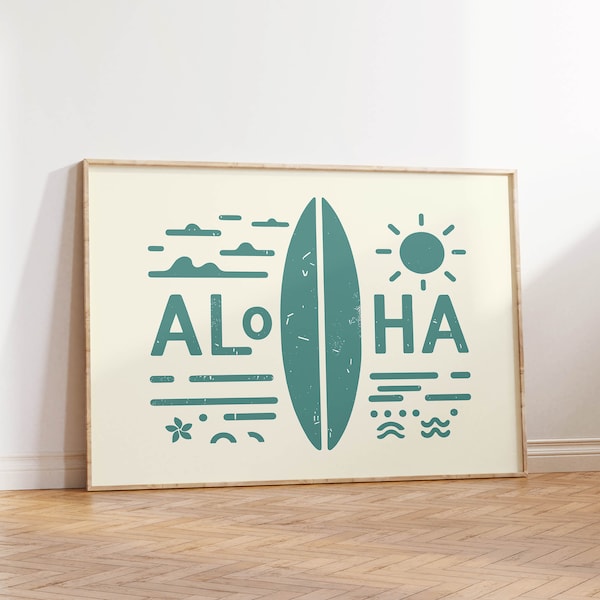 Aloha Surf Print Teal Coastal Wall Art PRINTED & FRAMED