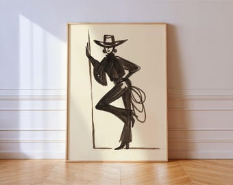Cowgirl Lasso Silhouette Art Print | Modern Western Woman Poster | Rustic Ranch Wall Decor
