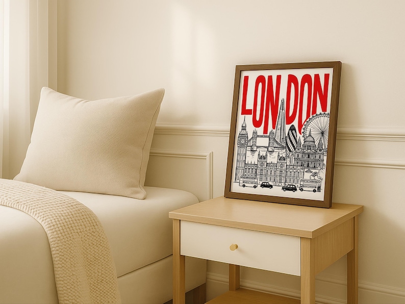 London Wall Art Red Typography Skyline Travel Poster Print image 3