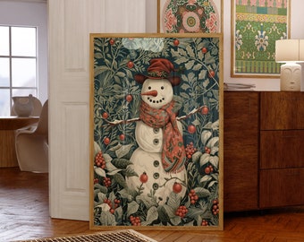 May include: A framed illustration of a snowman standing in a forest of green leaves and red berries. The snowman is wearing a red hat and a red and white scarf.
