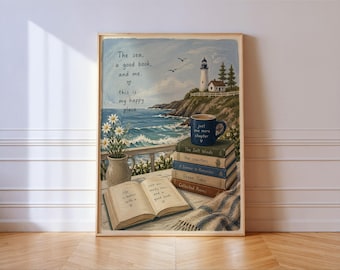 Sea Books Lighthouse Print: Coastal Book Lover Reading Nook Wall Art