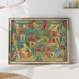 US States Nicknames Map Print - Vintage Style Illustrated Map - Educational Kids Room Art - Colorful History Wall Decor